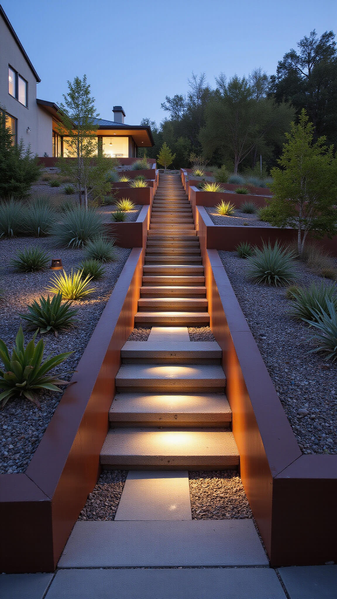 Contemporary hillside gravel garden at dusk with cor-ten steel terraces, slate gravel, concrete pavers, succulents, and dramatic stair lighting.