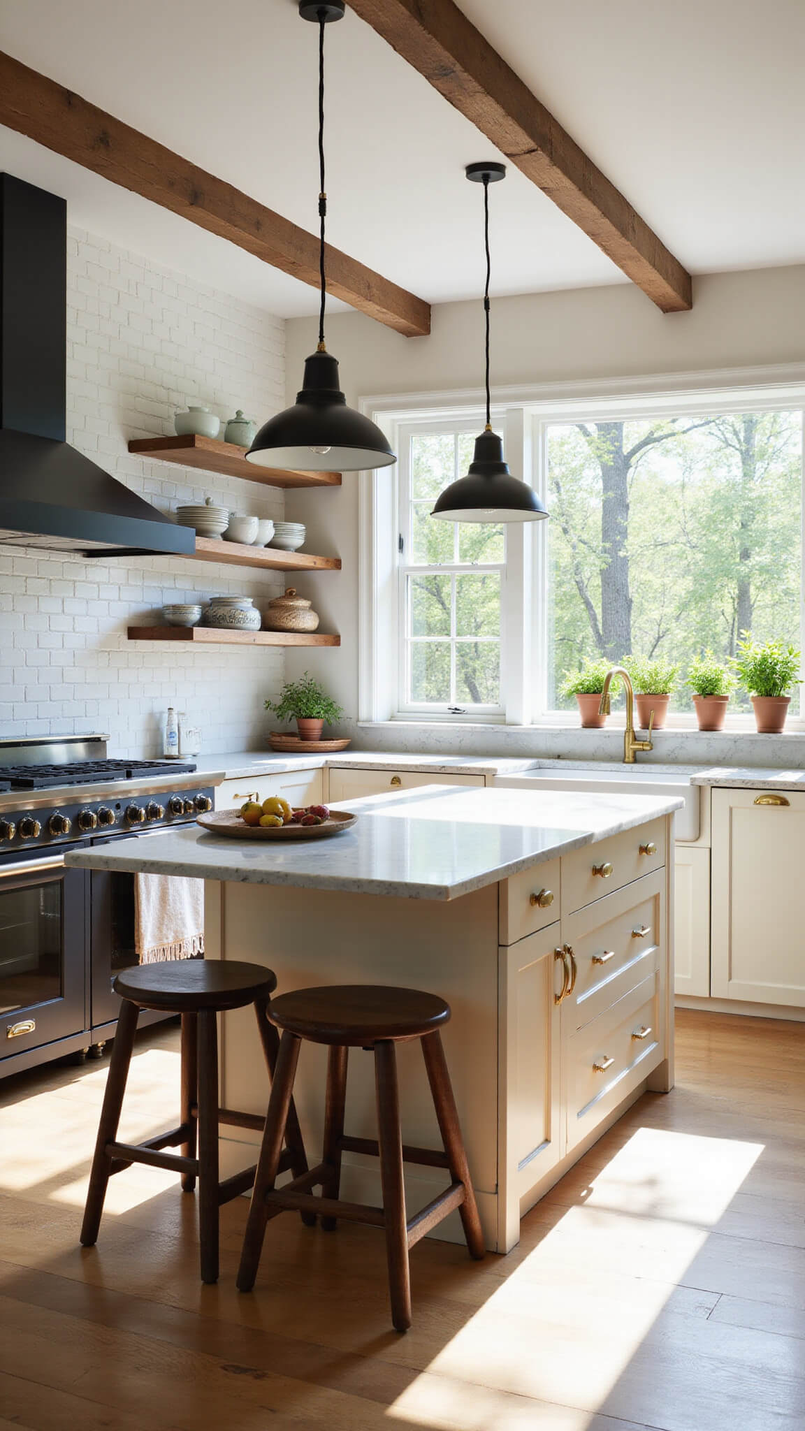 Modern farmhouse kitchen with cream shaker cabinets, marble countertops, exposed beams, and sunlit oak flooring.