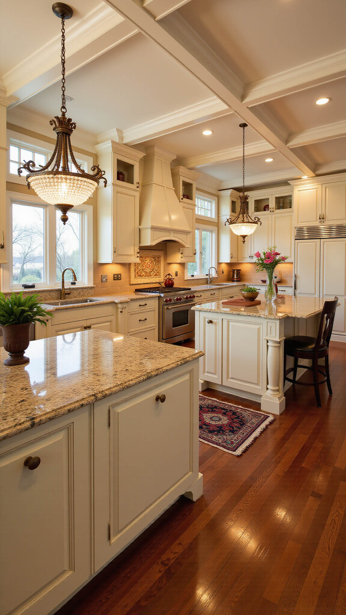 Elegant grand kitchen with cream raised-panel cabinets, coffered ceiling, granite counters, twin islands under crystal chandeliers, warm evening lighting, and antique copper accents.