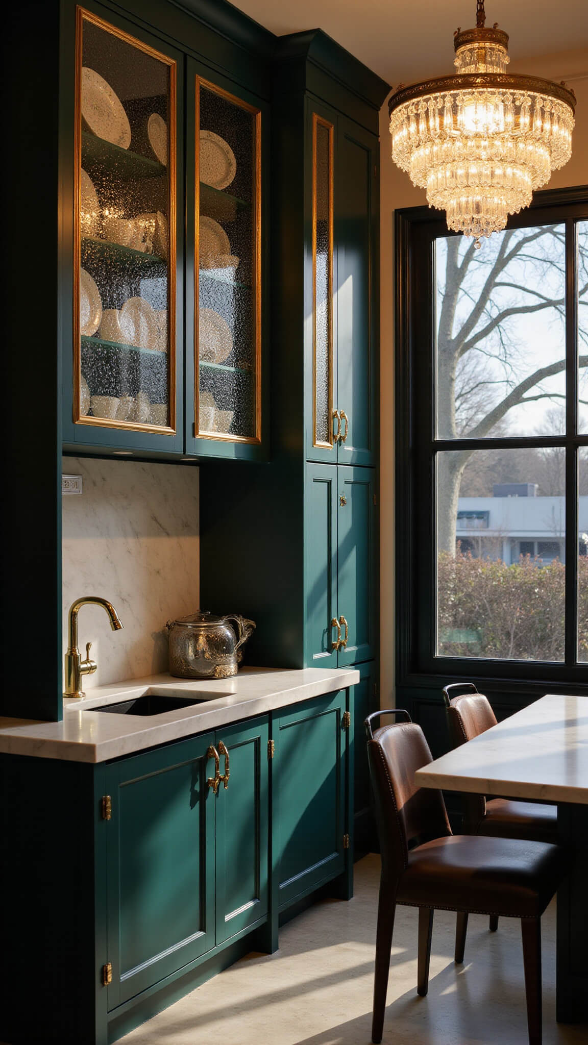 Low-angle view of a luxe 14x16ft kitchen at dusk with dark emerald cabinets, marble backsplash, gold-trimmed textured glass cabinets displaying fine china, and a crystal chandelier casting dramatic lighting and shadows.