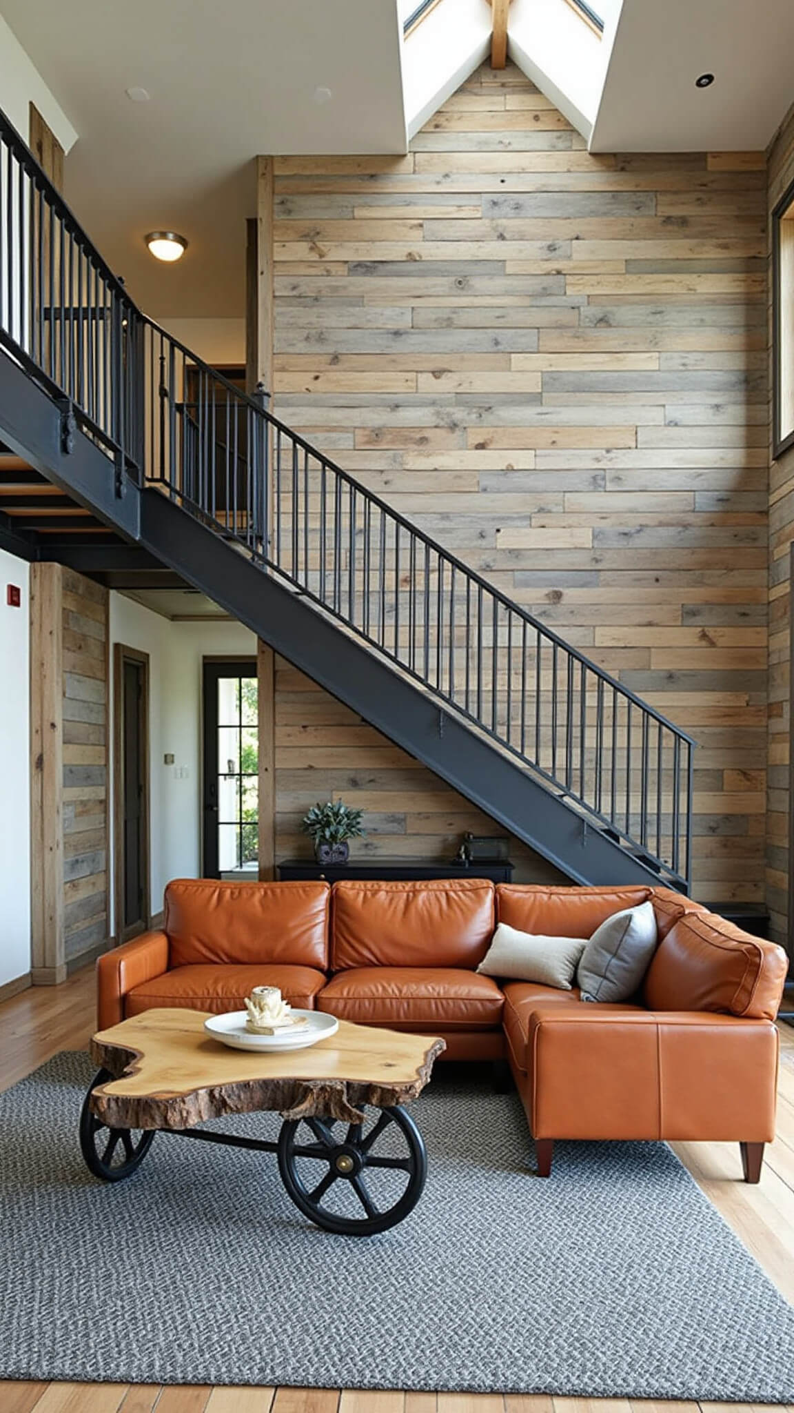 Double-height rustic industrial living room with barn wood accent wall, blackened steel staircase, vintage leather sofa, and raw edge coffee table, viewed from mezzanine.