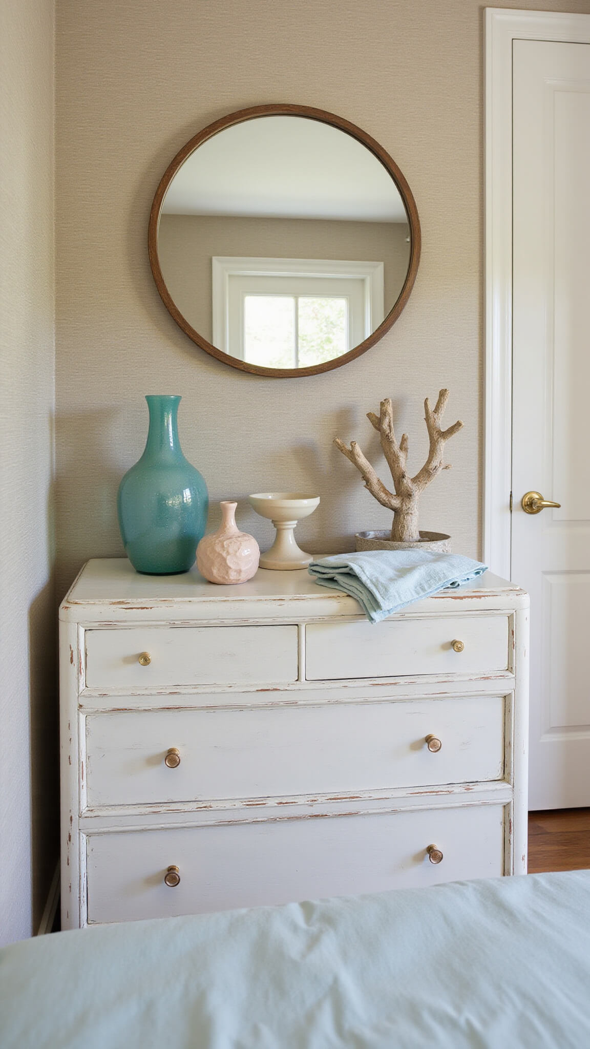 Coastal bedroom corner at dawn with white distressed dresser, sea glass decor, coral, and mirror reflecting soft morning light.
