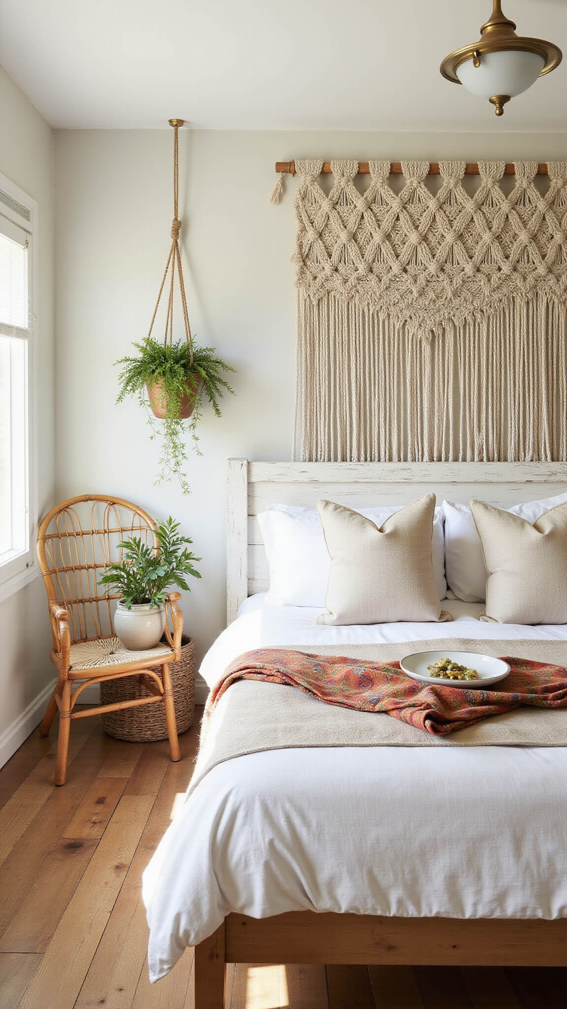 Boho beach bedroom with macramé wall hanging, whitewashed headboard, potted palms, rattan chair, mudcloth pillows, and Moroccan wedding blanket under natural light.