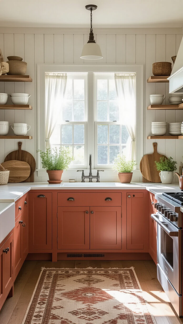 Cozy farmhouse kitchen bathed in morning light with terra-cotta cabinets, white oak floors, and vintage accents.