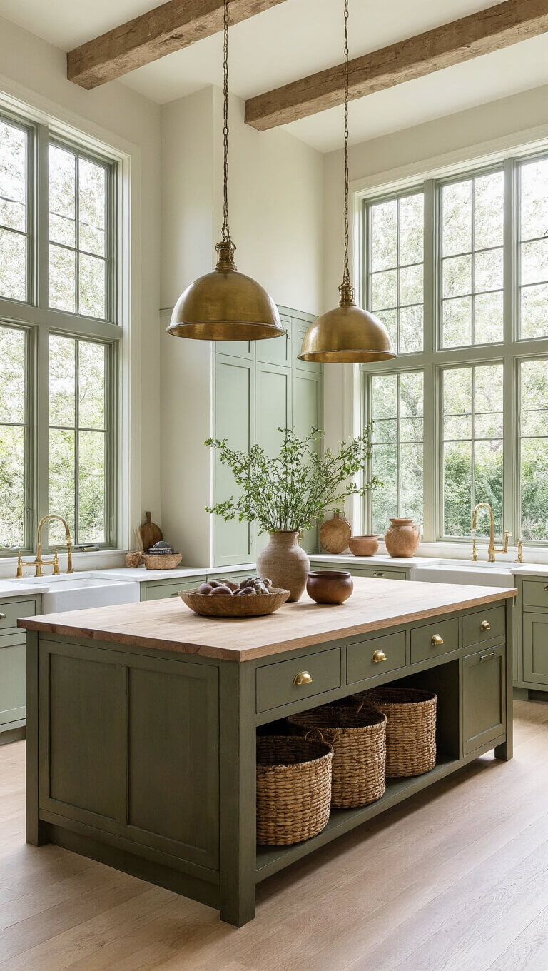 Wide-angle view of a spacious 16x20ft kitchen with double-height windows, sage and olive cabinetry, a bleached oak island, and antique brass pendant lights, styled with baskets and vintage pottery.