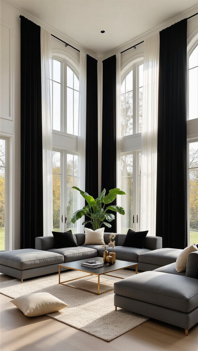 Contemporary living room with tall black velvet curtains, gray sectional, brass coffee table, and warm golden hour light filtering through sheer panels.