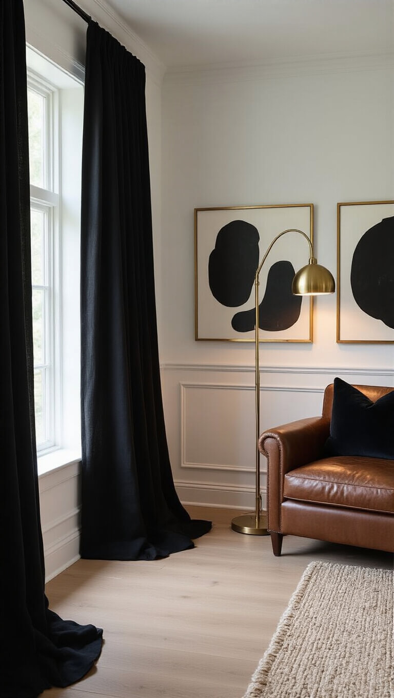 Transitional 15x18ft living room at dusk with black linen curtains, abstract gold-framed art, vintage leather armchair, brass floor lamp, and layered cozy textures in moody lighting.