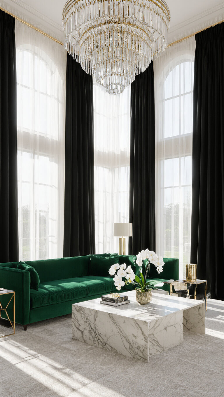 Glamorous double-height living room with emerald velvet sofa, black and gold curtains, marble coffee table, and crystal chandelier in midday light.