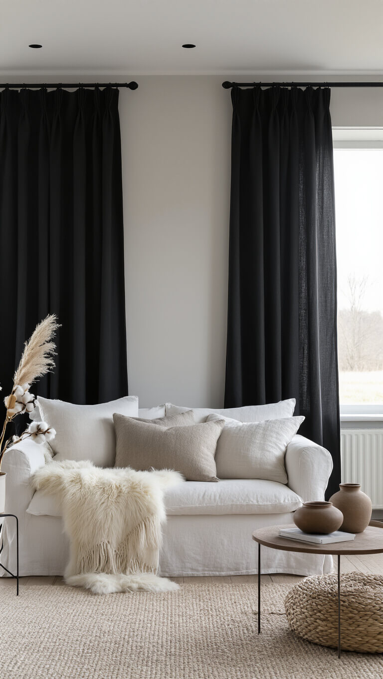 Scandinavian living room with white slip-covered sofa, matte black curtains, natural linen pillows, sheepskin throws, and ceramic decor in soft morning twilight lighting.