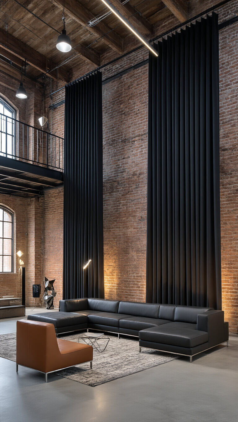 Modern industrial loft with exposed brick, black ripple-fold curtains, dramatic lighting, charcoal sectional, and tech-minimal decor viewed from mezzanine.