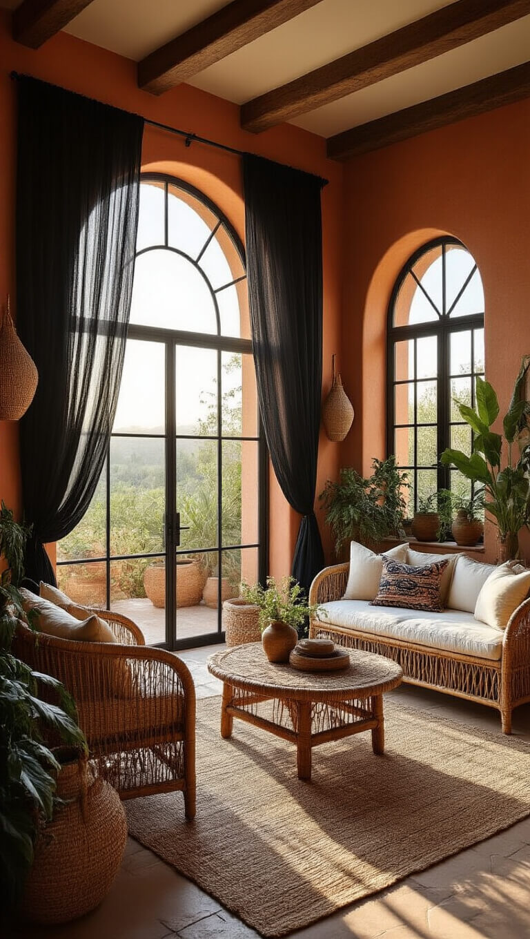 Mediterranean-style living room at sunset with terracotta walls, arched windows, black sheer curtains, rattan furniture, tribal textiles, and warm golden light filtering through plants and woven baskets.