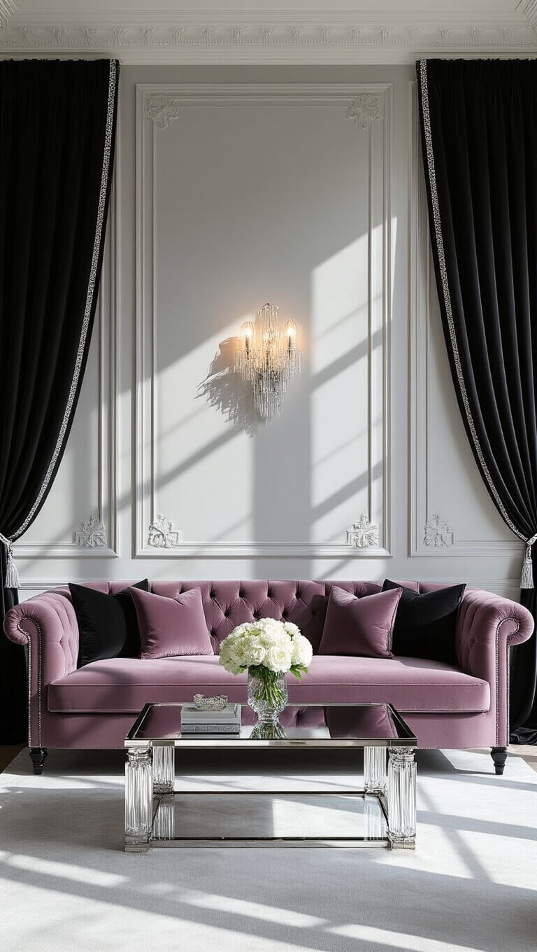 Art Deco formal living room with mauve velvet sofa, black silk curtains, mirrored coffee table, and crystal sconces casting shadows against pale gray walls.