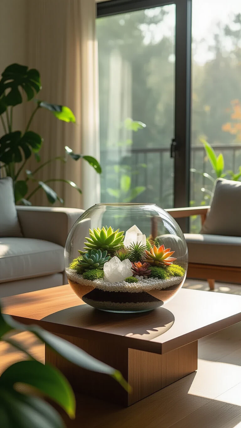 Modern 12x14ft living room with floor-to-ceiling windows, featuring a glass terrarium of succulents and crystals on a walnut coffee table, surrounded by minimalist gray furniture and natural oak flooring.