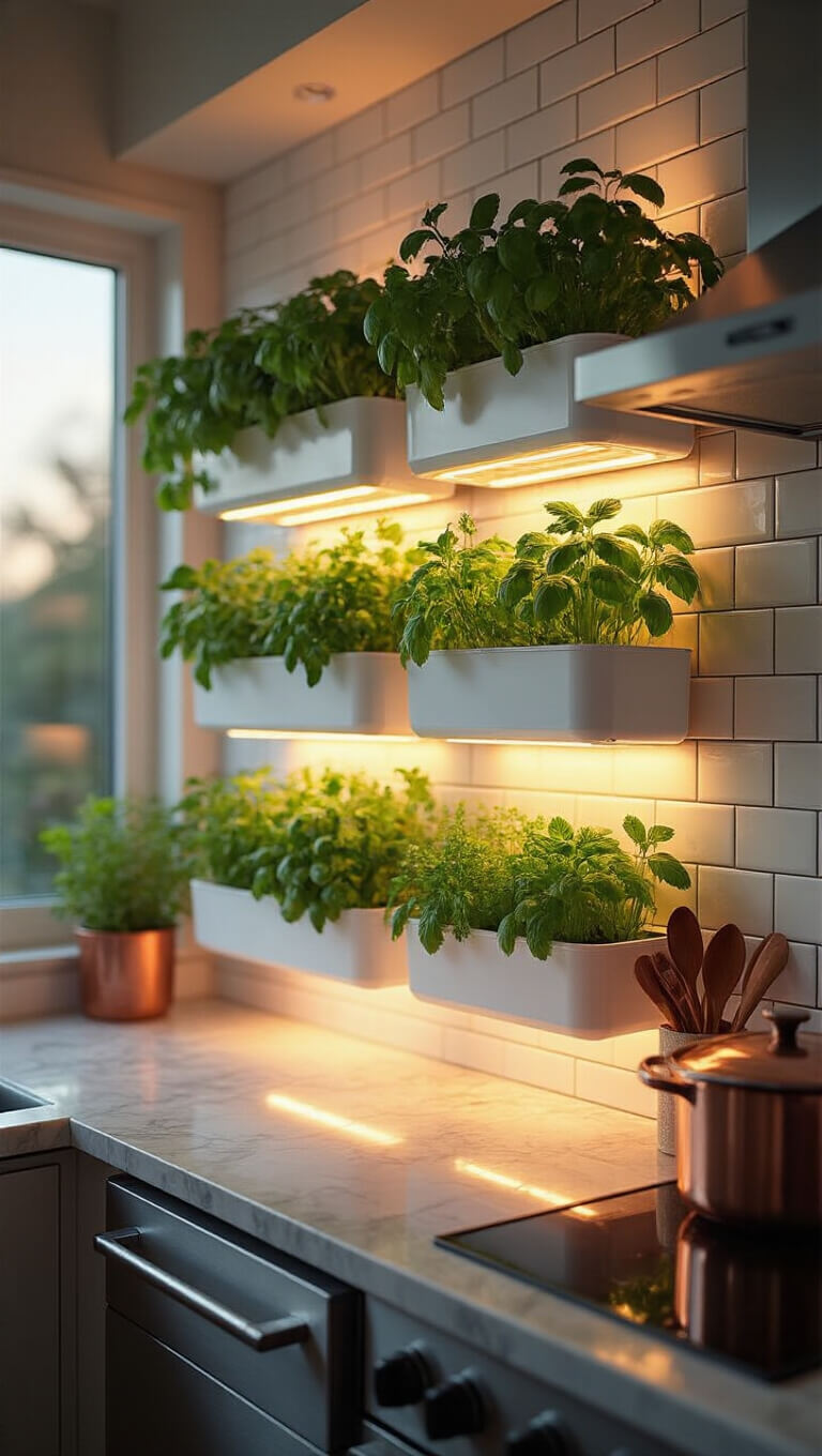 Contemporary kitchen corner with wall-mounted hydroponic herb garden glowing under LED lights, reflecting in stainless steel appliances; basil, mint, and thyme in white containers against a subway-tiled backsplash, warm golden hour light on marble countertops and copper cookware accents.
