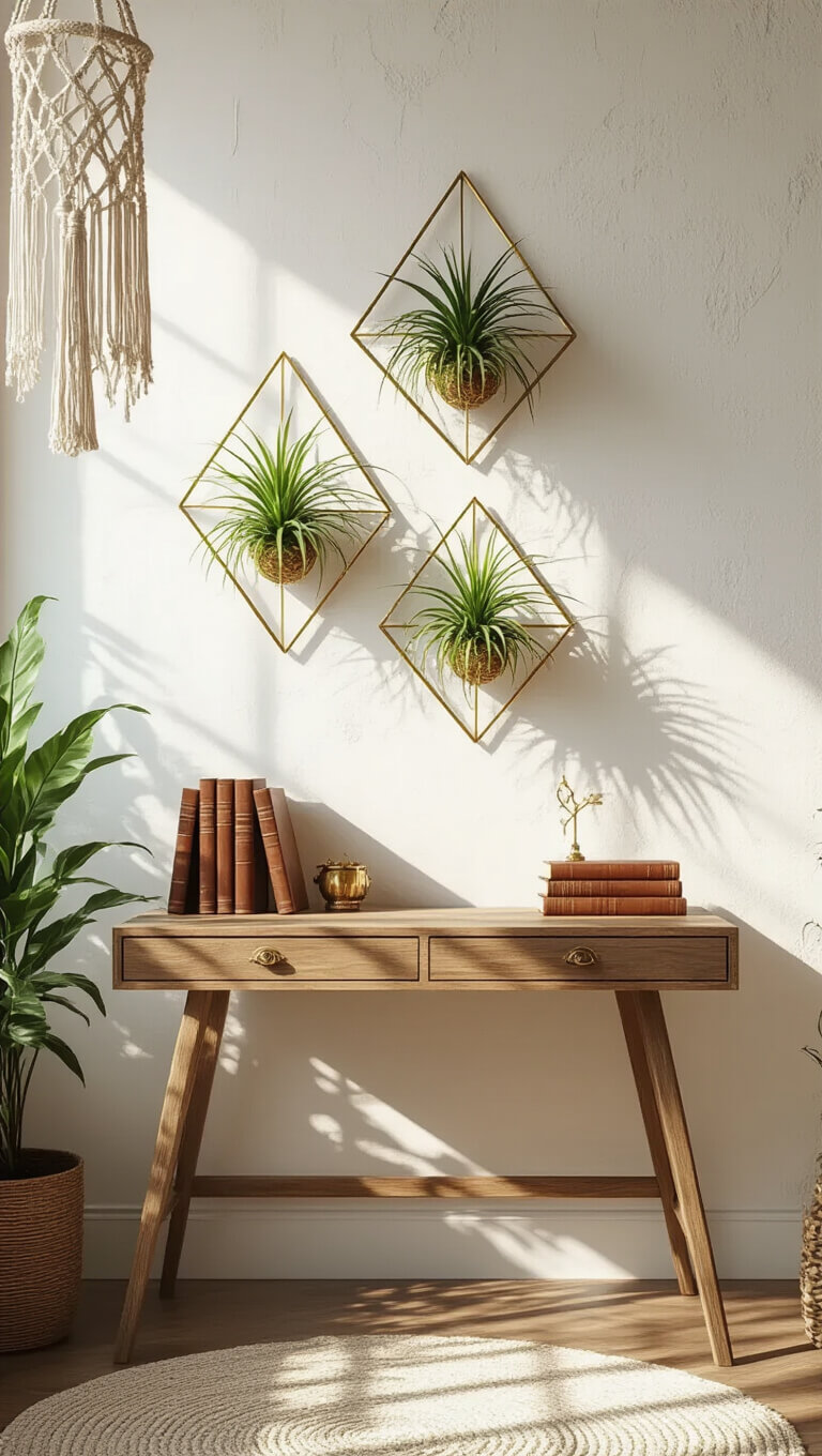 Bohemian home office nook with air plants in brass frames on a textured white wall, vintage wooden desk with leather books and brass accents, and macramé hanging casting shadows in afternoon sunlight.