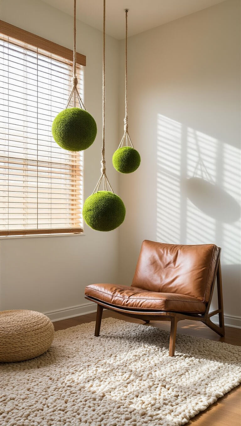 Zen-inspired reading corner with suspended kokedama, low leather chair on wool rug, and bamboo-filtered natural light.