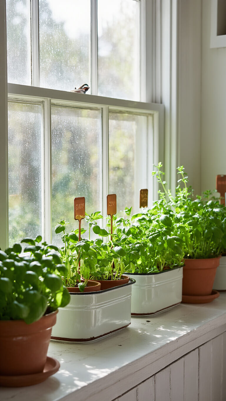 Close-up of a compact urban kitchen windowsill with terracotta-potted herbs in vintage enamelware, copper markers reflecting morning light, and condensation on the window highlighting indoor-outdoor connection.