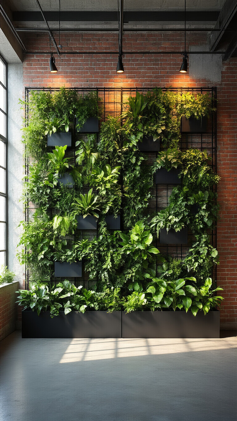 Dramatic plant wall with green foliage in black metal grid planters in industrial loft with exposed brick and concrete, shot from ground level with afternoon lighting and shadows.