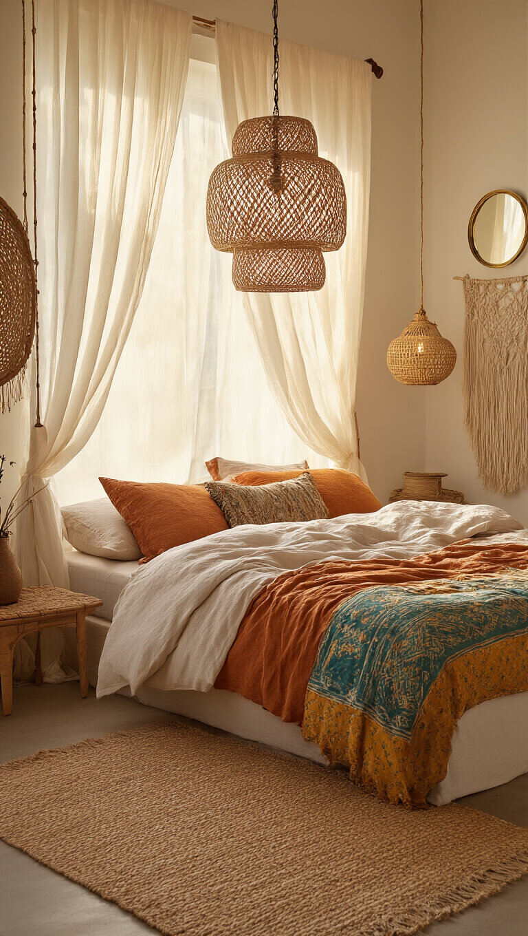 Boho bedroom at golden hour with warm sunlight, layered curtains, Moroccan textiles, rattan lamp, brass mirrors, and macramé décor.