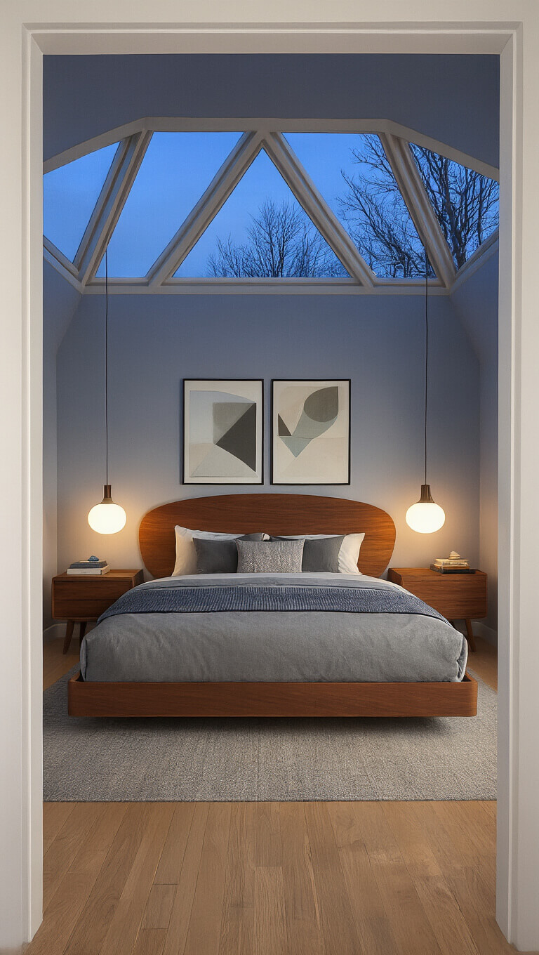 Modernist bedroom with queen bed, curved walnut headboard, floating nightstands, Danish dresser, abstract decor, and moody blue hour lighting.