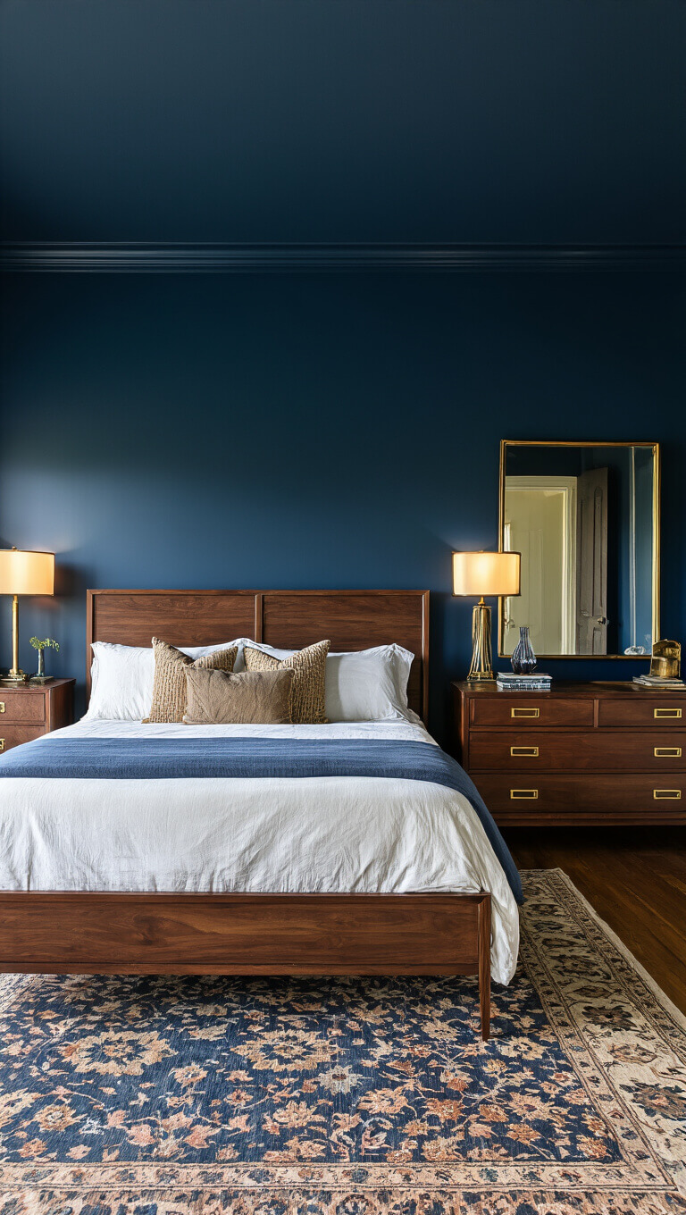 Moody evening bedroom with dark walnut furniture, deep blue walls, brass-accented nightstands, and dramatic accent lighting highlighting vintage decor and rich jewel tones.