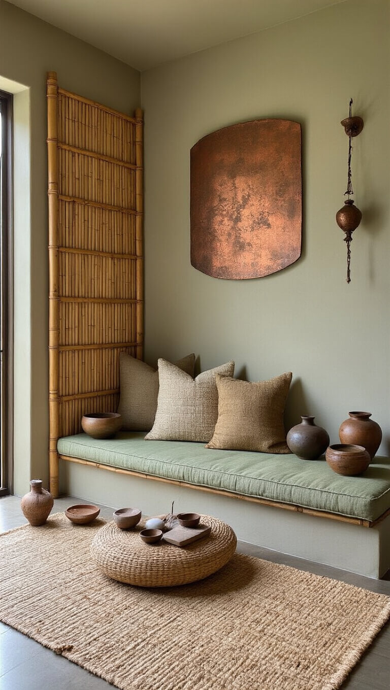 Cozy meditation corner with low platform, handwoven cushion, wabi-sabi pottery, weathered copper wall art, and soft lighting in sage, copper, and beige tones.