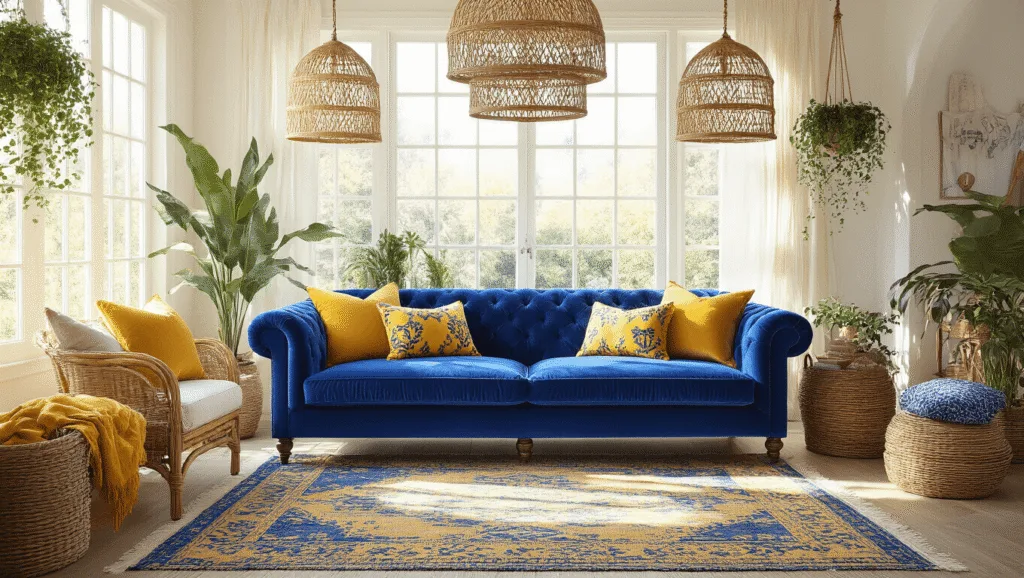 "Bohemian style living room with royal blue velvet sofa, yellow accents, sunlit interior, eclectic textiles, and hanging plants"