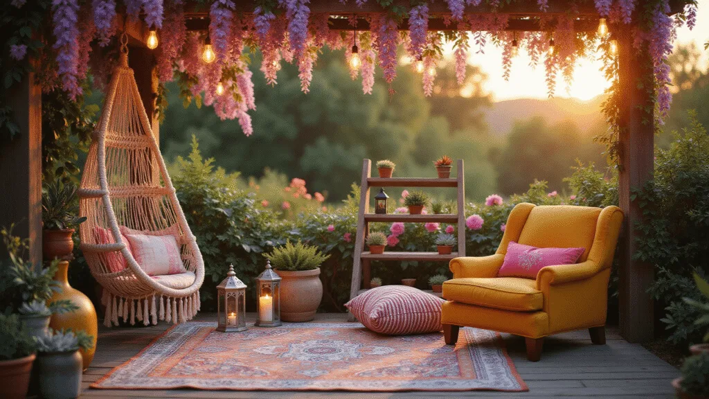 "Whimsical bohemian patio during golden hour with macramé chair, fairy garden, and Moroccan lanterns"