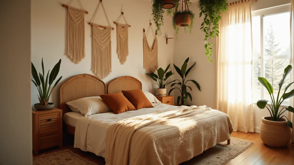"Boho-style bedroom with rattan headboard, macramé wall hangings, hanging plants, neutral bedding, and golden hour sunlight filtering through sheer curtains."