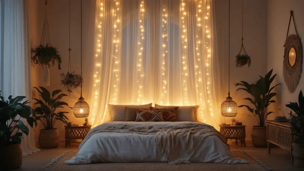 "Bohemian bedroom at twilight featuring warm LED curtain lights, Moroccan pillows, macramé wall hangings, and potted plants"