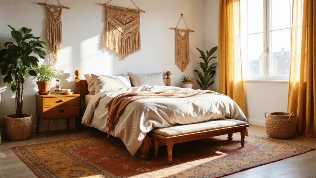"Boho bedroom with layered vintage rugs, brass accents, and potted plants bathed in warm golden hour sunlight"