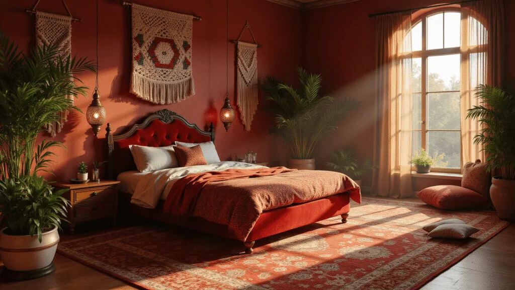 "Boho-style bedroom with ruby velvet bed, Moroccan rugs, brass lanterns, plants, and golden sunlight streaming through large windows"