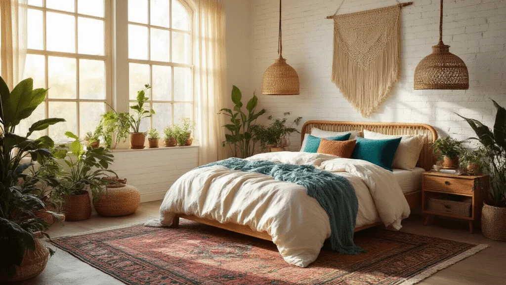 "Bohemian bedroom with king bed, vintage rugs, macramé wall hangings, rattan lights, and indoor plants in golden hour light"