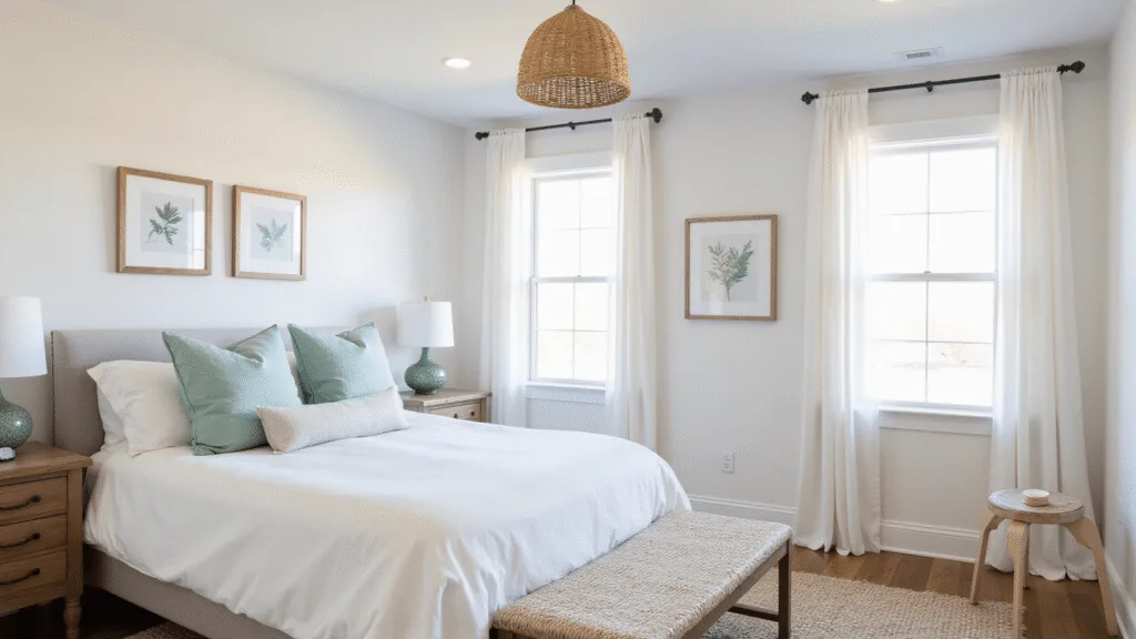 "Coastal bedroom with white linen bed, seafoam pillows, rattan pendant, jute rug, sheer curtains, driftwood accents and natural light streaming through windows"