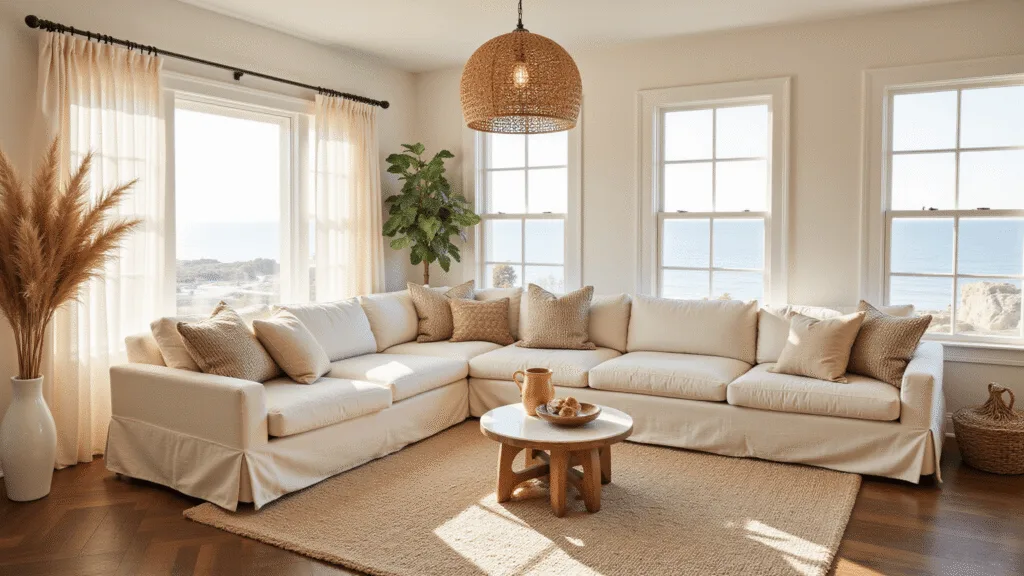 "Bohemian style coastal living room with cream linen sectional, natural fiber rugs, rattan pendant light, dried pampas grass in vase, textured pillows, and herringbone wood flooring bathed in golden hour light."