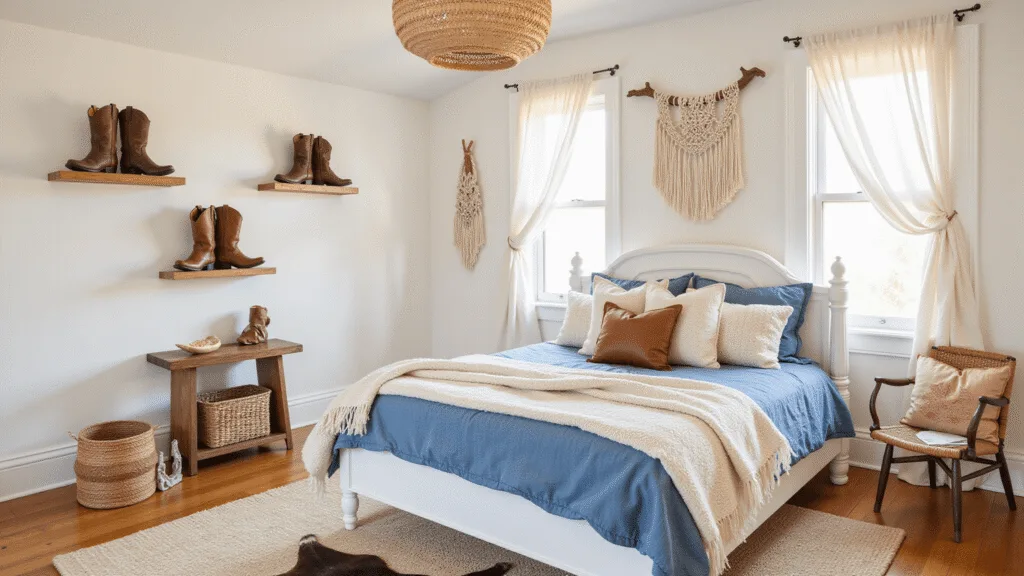 "Coastal cowgirl themed bedroom with white canopy bed, denim and leather accents, and natural light"