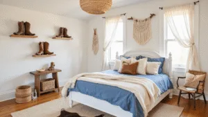 "Coastal cowgirl themed bedroom with white canopy bed, denim and leather accents, and natural light"