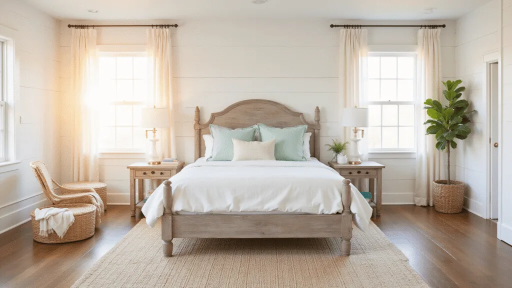 "Coastal farmhouse bedroom with white shiplap walls, weathered wood bed, seafoam linens, jute rug, and wicker accents during golden hour"