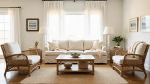 "Coastal living room with linen sofa, rattan chairs, teak coffee table and natural textures bathed in golden hour light"