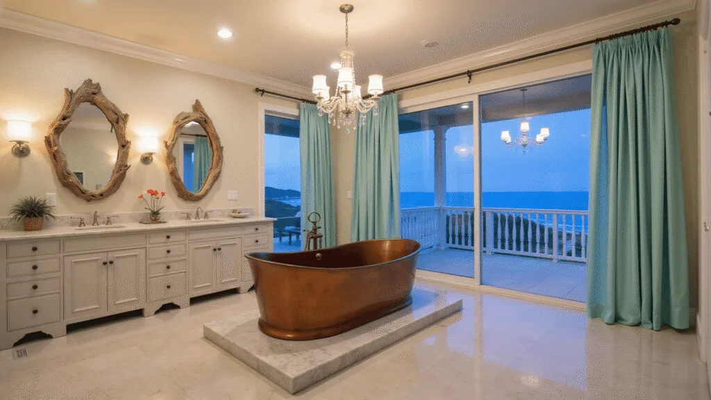 "Luxurious coastal bathroom with copper soaking tub, seafoam drapes, driftwood mirrors, and ocean view at dusk"