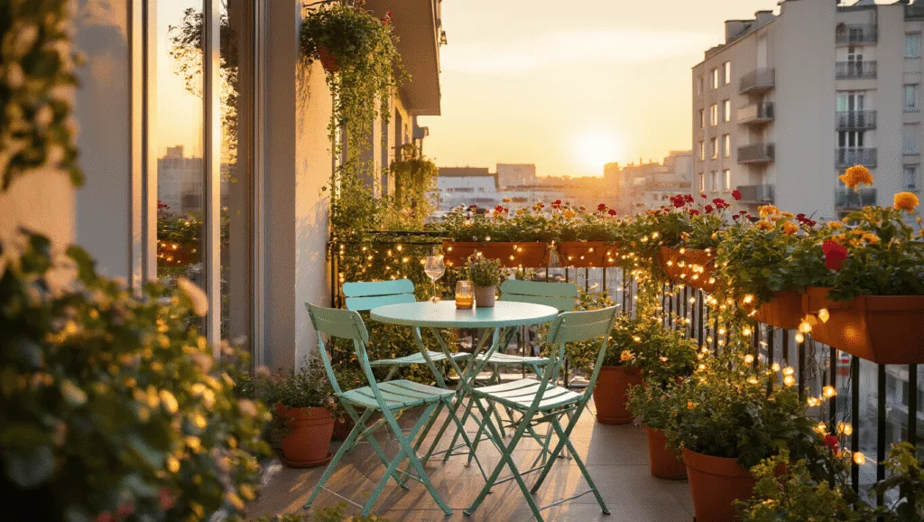 "Cozy urban balcony with bistro table, mint chairs, string lights, cascading flowers in golden sunset light"
