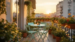 "Cozy urban balcony with bistro table, mint chairs, string lights, cascading flowers in golden sunset light"