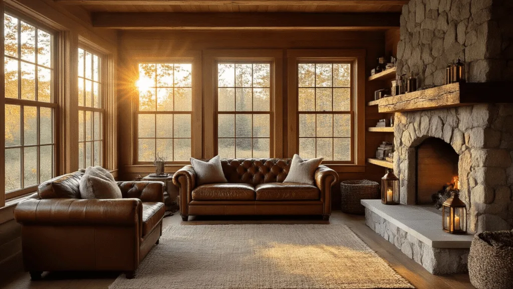"Cozy cabin interior with leather loveseat, stone fireplace, oak shelves, wool rugs, and copper lanterns bathed in warm golden hour sunlight"