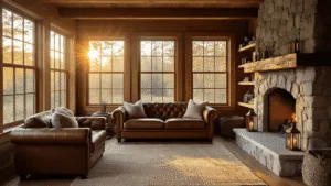 "Cozy cabin interior with leather loveseat, stone fireplace, oak shelves, wool rugs, and copper lanterns bathed in warm golden hour sunlight"