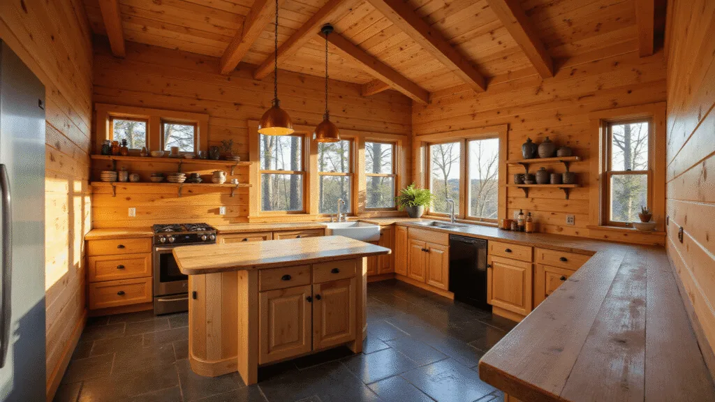 "Rustic cabin kitchen with natural wood walls, oak cabinets, butcher block countertops and copper pendant lights during golden hour"