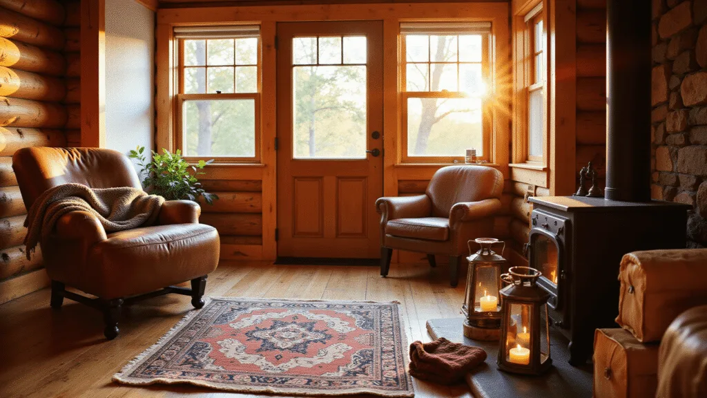 "Cozy cabin interior with golden sunlight streaming through windows, featuring a leather armchair, wood stove, pine floors, log walls, wool rugs, copper lanterns, forest toned blankets and warm lighting."