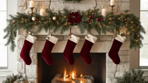 "Cozy Christmas limestone fireplace adorned with pine garland, red velvet stockings, brass candlesticks, and twinkling lights"