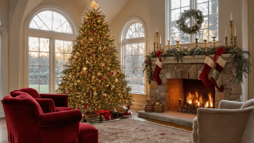 "Elegant traditional Christmas living room with a grand tree, fireplace with stockings, and golden ambient lighting"
