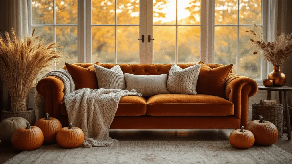 "Cozy falling living room with rust velvet sofa, textured pillows and autumn decorations bathed in golden hour sunlight through floor-to-ceiling windows."