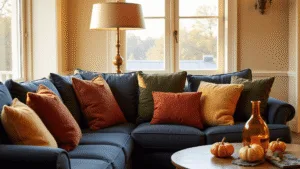 "Cozy living room with autumn pillows on a navy sectional, vintage brass lamp, oak coffee table styled for fall, and warm sunlight illuminating the space"